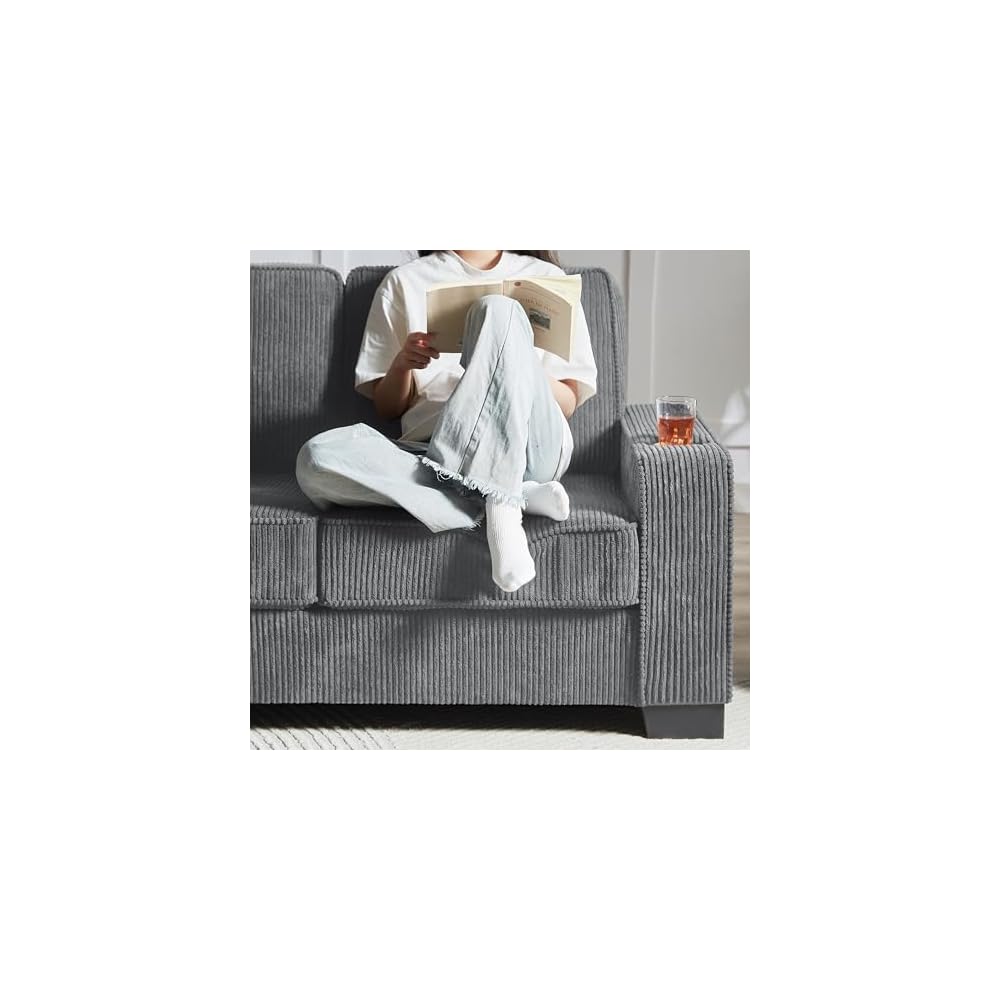 84" Thick Corduroy Sofa Bed, Stylish Sofa Bed with Cup Holders, Comfort 3-Seater Sofa with Lumbar Support for Living Room, Gray