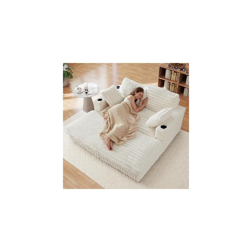 58'' Plush Faux Rabbit Fur Chaise Loveseat with Charging Station & Cup Holder and Pillows, Upholstered Corduroy Chaise Loveseat Sofa Recliner Longue Indoor Couch for Living Room, Bedroom, White