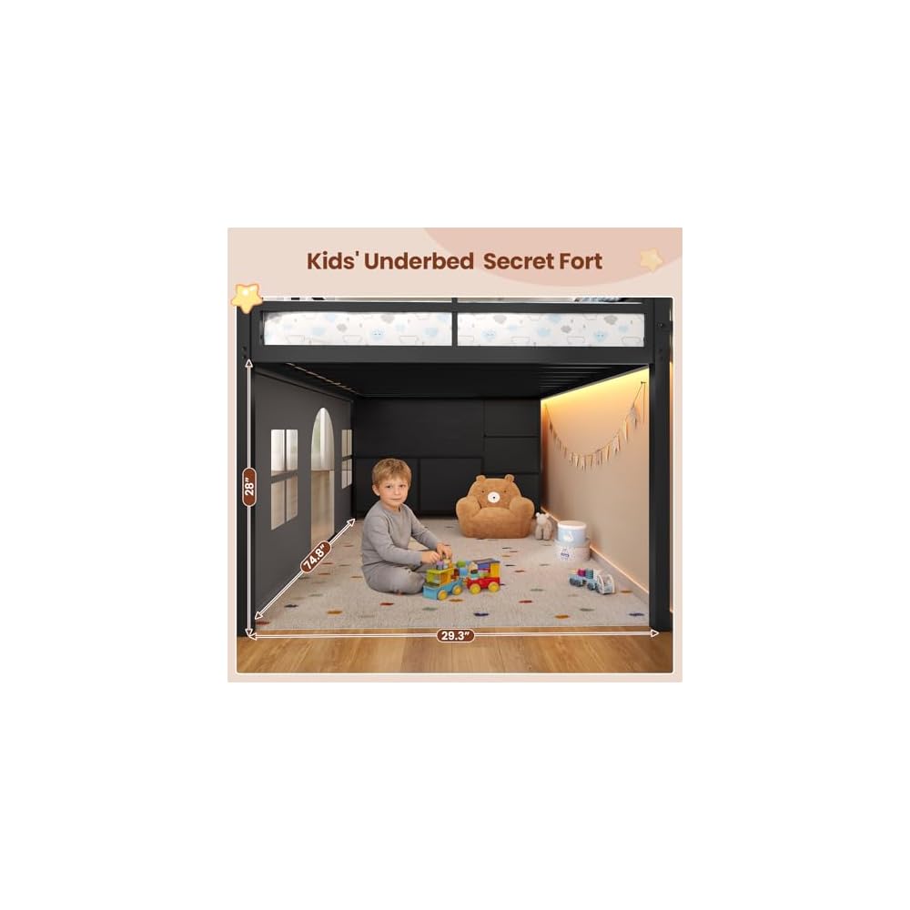 ADORNEVE Low Loft Bed Twin Size with Tent and 5 Storage Drawers, Black