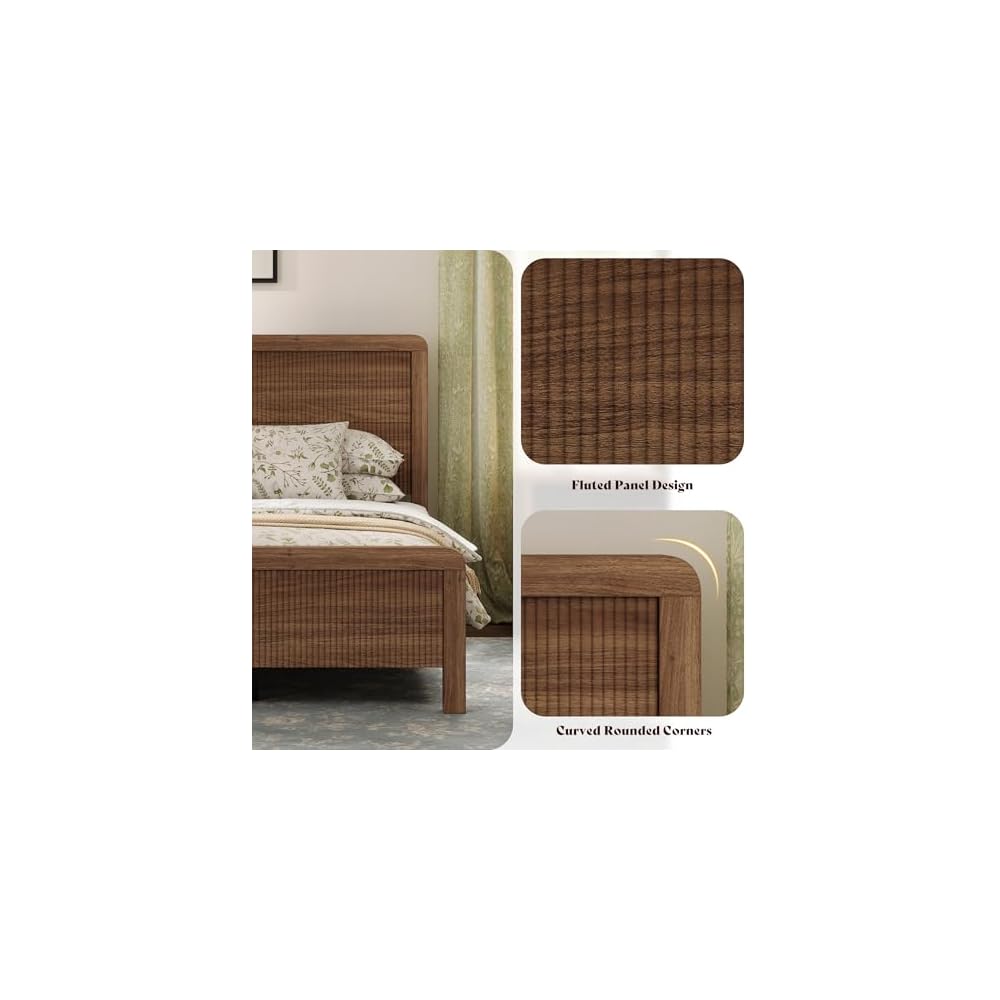 AMERLIFE Queen Wood Bed Frame with Fluted Headboard & Footboard, Walnut