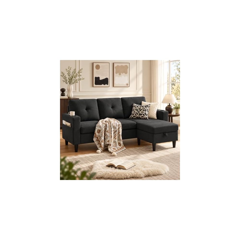 80" Convertible Sectional Sofa Couch with Movable Ottoman, 3 Seats Sectional Sofas L Shaped Couch for Small Spaces, Soft Fabric Couch for Living Room (Black)