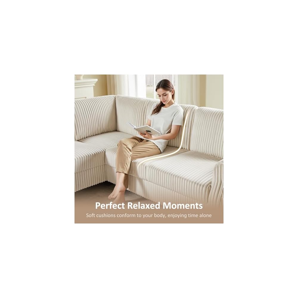 90.6" V-Shaped Sectional Sofa with Storage Ottoman, Corduroy Beige
