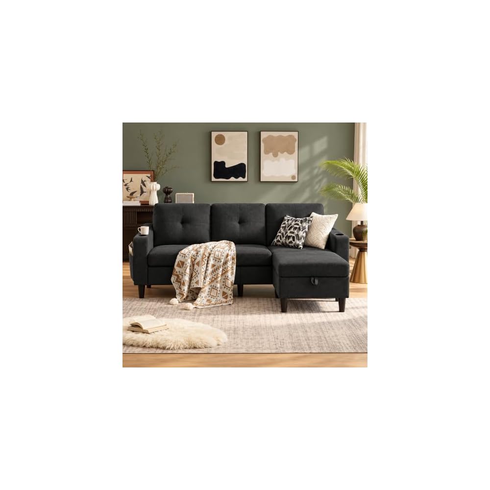 80" Convertible Sectional Sofa Couch with Movable Ottoman, 3 Seats Sectional Sofas L Shaped Couch for Small Spaces, Soft Fabric Couch for Living Room (Black)