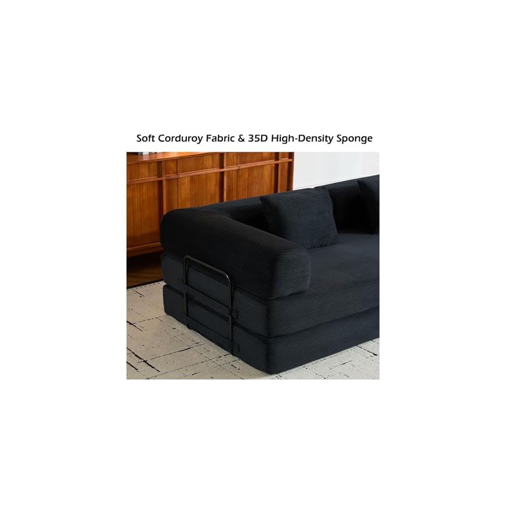 Convertible Sleeper Sofa Bed with Fixed-Shape Frame, Modern Corduroy Folding Boneless Couch with 2 Pillows, Comfy Floor Sofa Couch for Living Room, No Assembly Required, Black