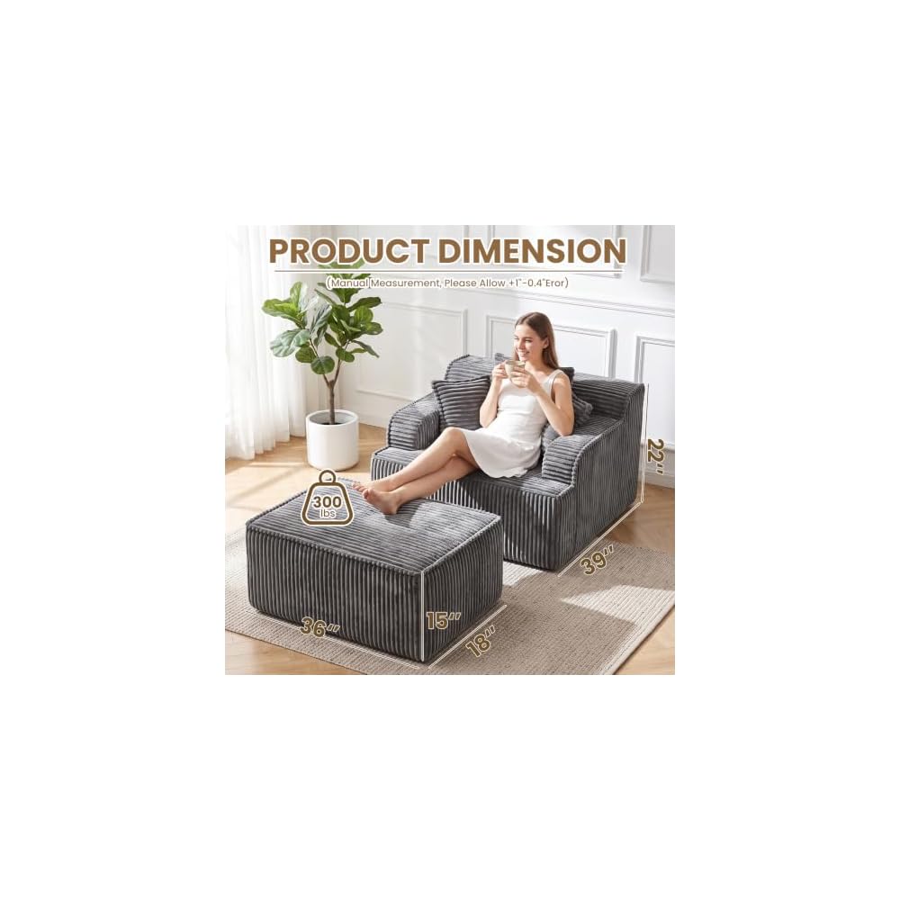 Chaise Lounge Chair Indoor,Oversized Boneless Chair Reading Chair,Comfy Boneless Small Couch for Living Room,Single Sleeper Chair Bed,Grey