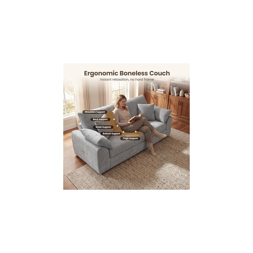 90" Boneless Loveseat Sofa, Polyester Fabric 2-Seater Couch with 4 Pillows, No Assembly Required, Soft High Density Foam Cushion, Pillow Armrest for Living Room Bedroom Apartment (Grey)
