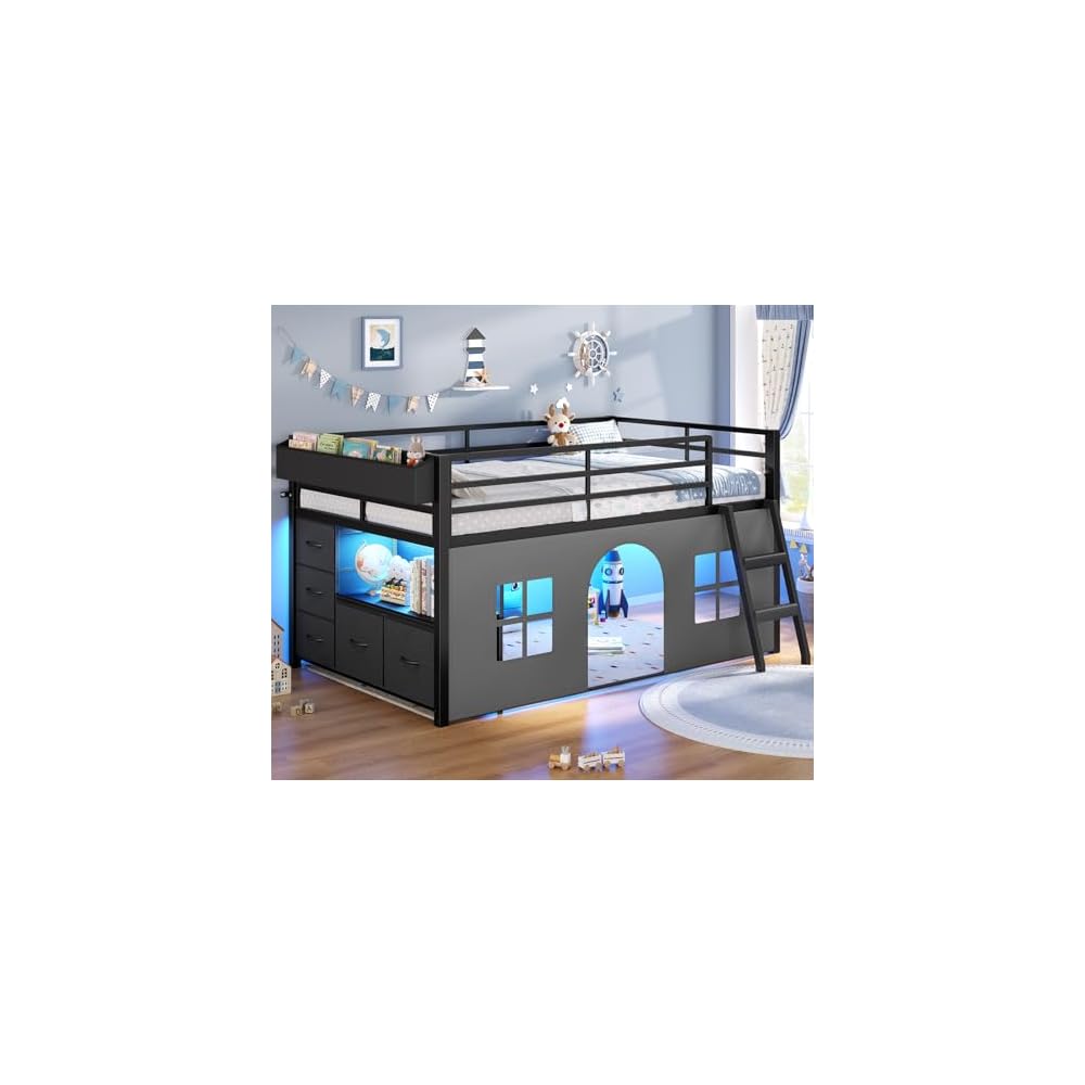 ADORNEVE Low Loft Bed Twin Size with Tent and 5 Storage Drawers, Black