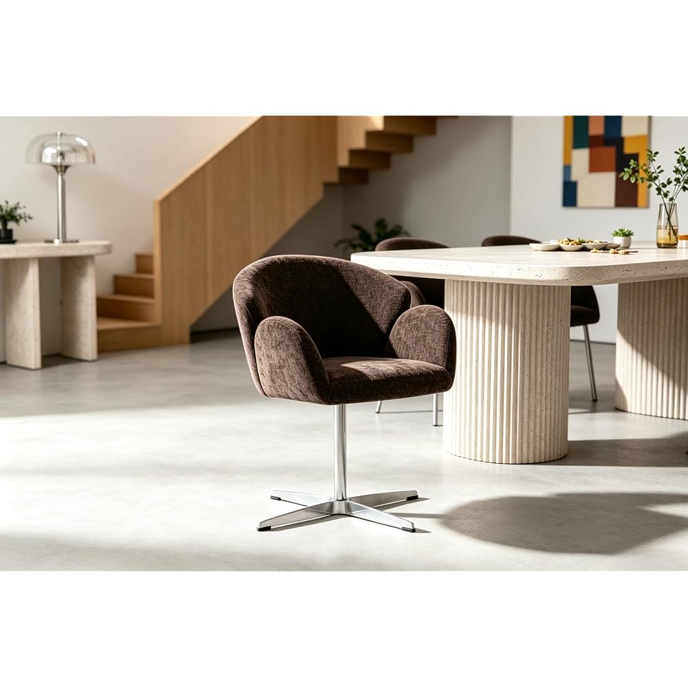 Scandinavian Moby Swivel Chair with Armrests - Polished Stainless Steel Frame with Mocha Padding (Single Piece)