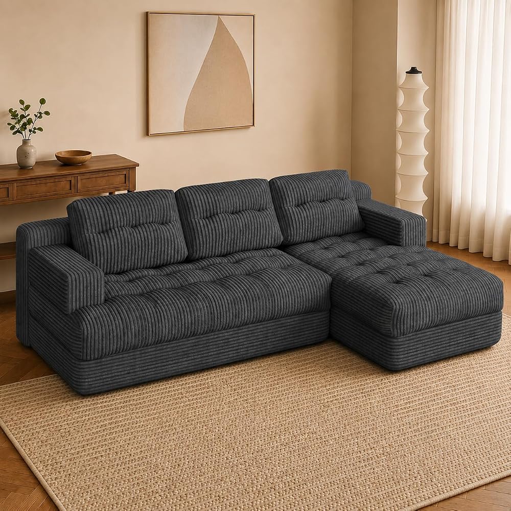 EROMMY 92" L-Shaped Boneless Cloud Couch,Low-Profile Right Chaise,Grey