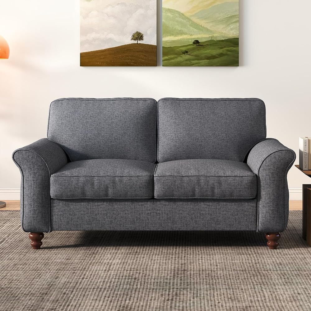 EBELLO Modern Linen Fabric Loveseat Sofa, Upholstered 2-seat Sofa Couch Wood Frame and Sturdy Legs for Living Room Bedroom Office, Dark Blue
