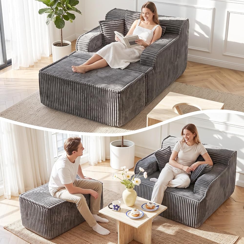 Chaise Lounge Chair Indoor,Oversized Boneless Chair Reading Chair,Comfy Boneless Small Couch for Living Room,Single Sleeper Chair Bed,Grey