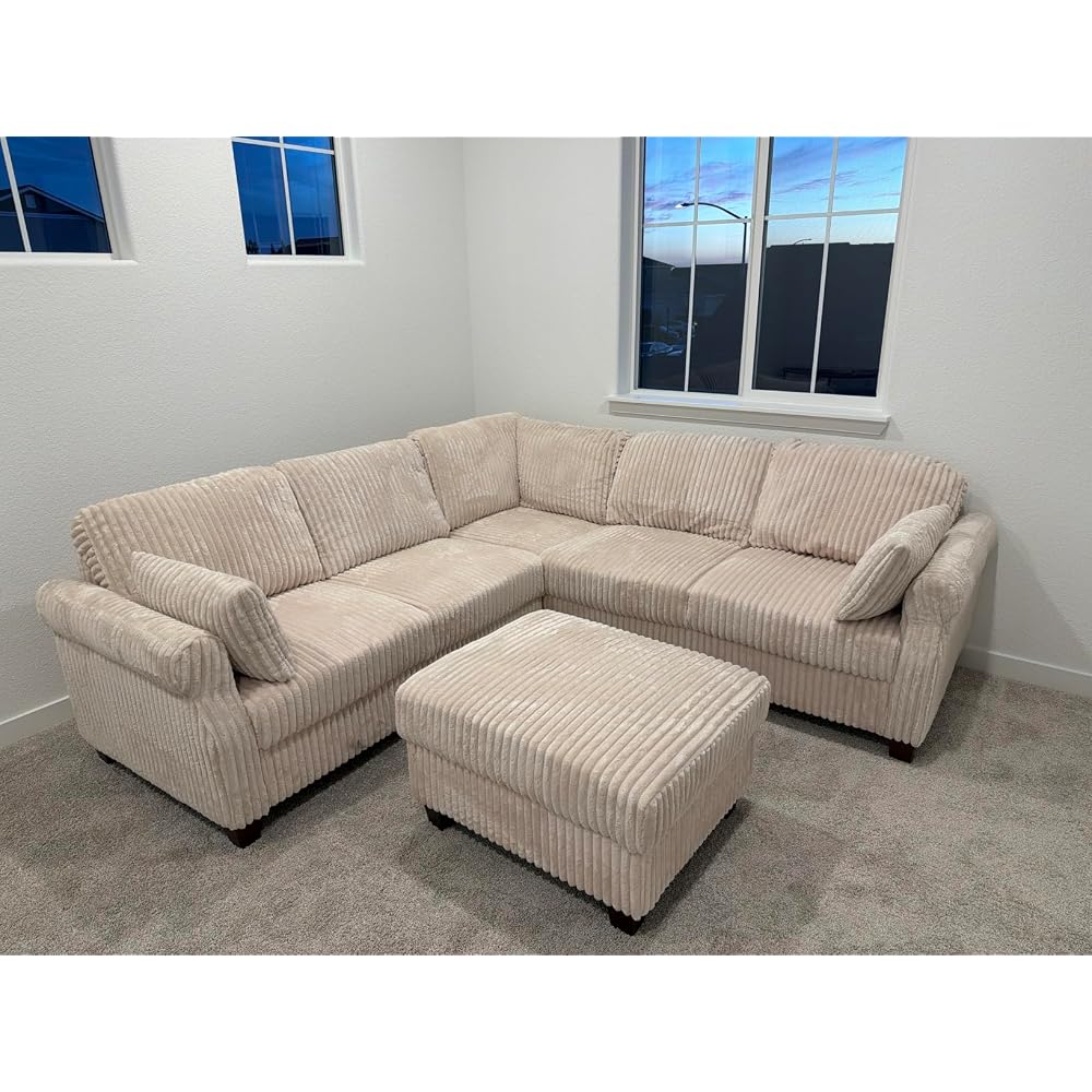 90.6" V-Shaped Sectional Sofa with Storage Ottoman, Corduroy Beige