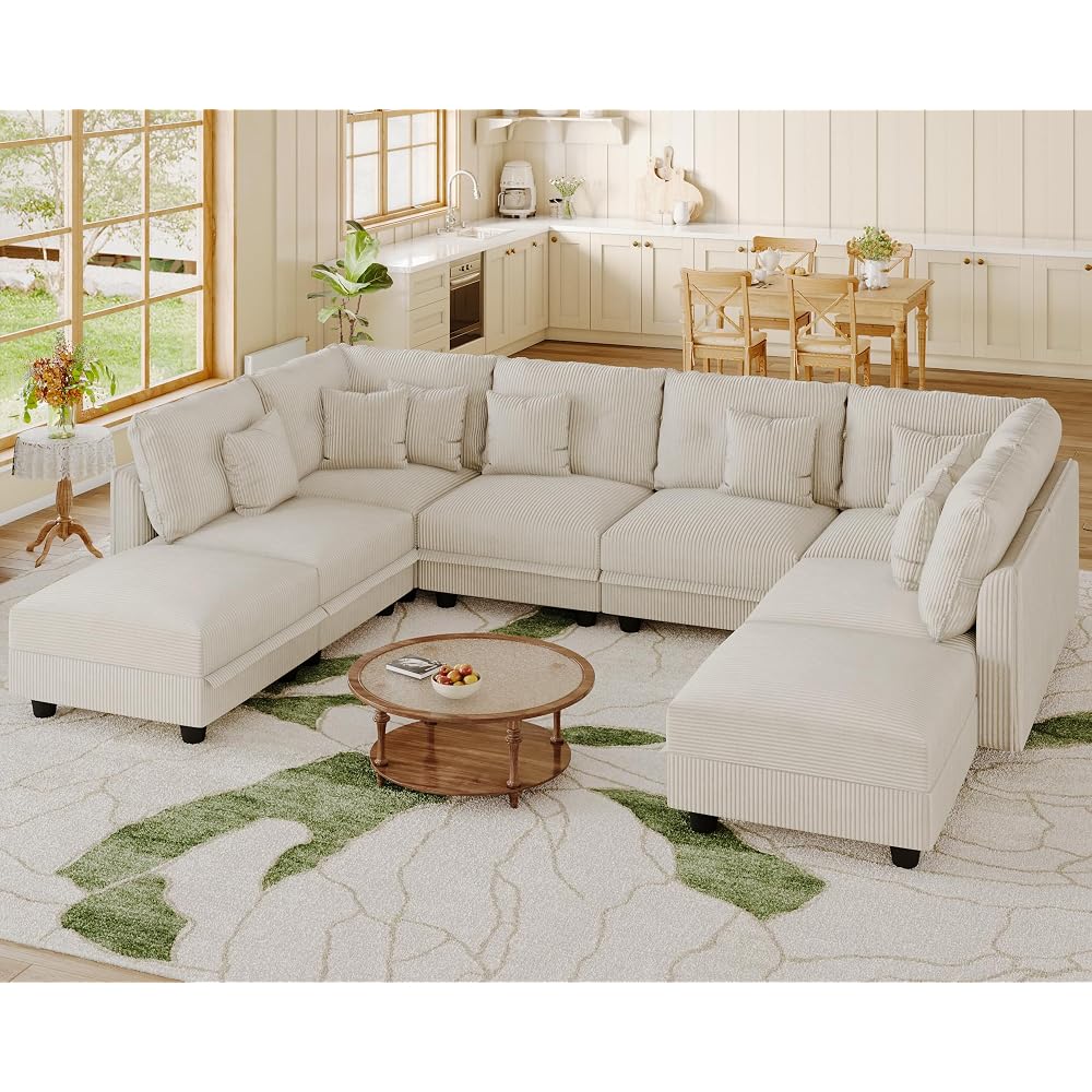 LLappuil 112" Modular Sectional Sofa with Storage, U Shaped 8-Seat Pet-Friendly Corduroy Couch with 8 Throw Pillows, Convertible Sofa Set for Living Room & Apartment, Scratch Resistant, Beige