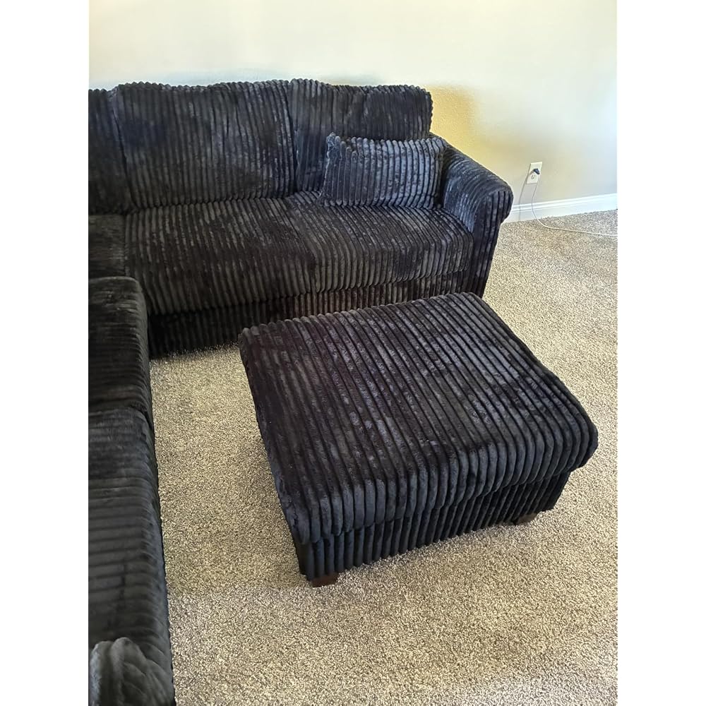 90.6" V-Shaped Sectional Sofa with Storage Ottoman, Corduroy Beige