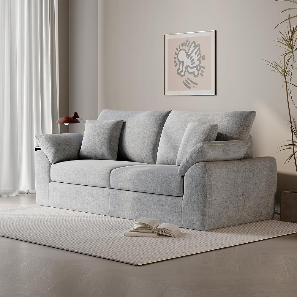 90" Boneless Loveseat Sofa, Polyester Fabric 2-Seater Couch with 4 Pillows, No Assembly Required, Soft High Density Foam Cushion, Pillow Armrest for Living Room Bedroom Apartment (Grey)