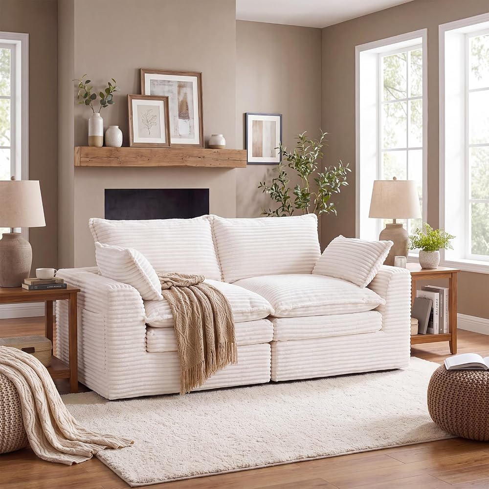 80" Modular Sectional Sofa,Oversized Loveseat Boneless Couch with Deep Seat,Upholstered Cloud Couch with Side Pockets,No Assembly Required,Corduroy,Beige