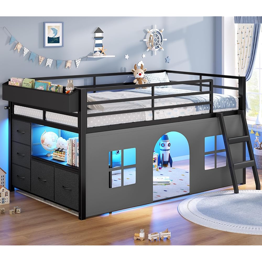 ADORNEVE Low Loft Bed Twin Size with Tent and 5 Storage Drawers, Black