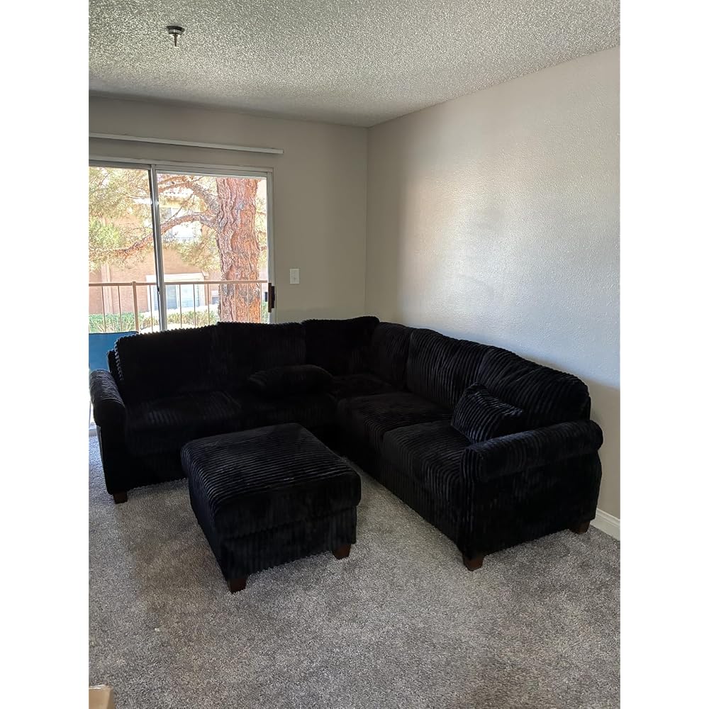 90.6" V-Shaped Sectional Sofa with Storage Ottoman, Corduroy Beige