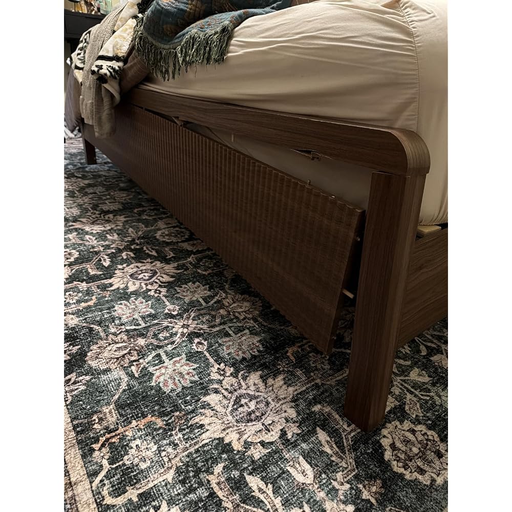 AMERLIFE Queen Wood Bed Frame with Fluted Headboard & Footboard, Walnut