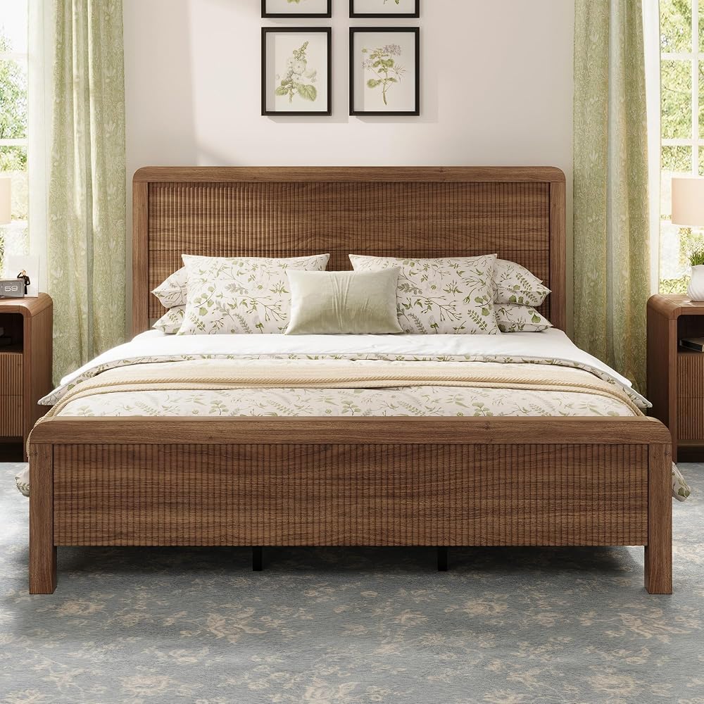 AMERLIFE Queen Wood Bed Frame with Fluted Headboard & Footboard, Walnut