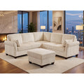 90.6" V-Shaped Sectional Sofa with Storage Ottoman, Corduroy Beige