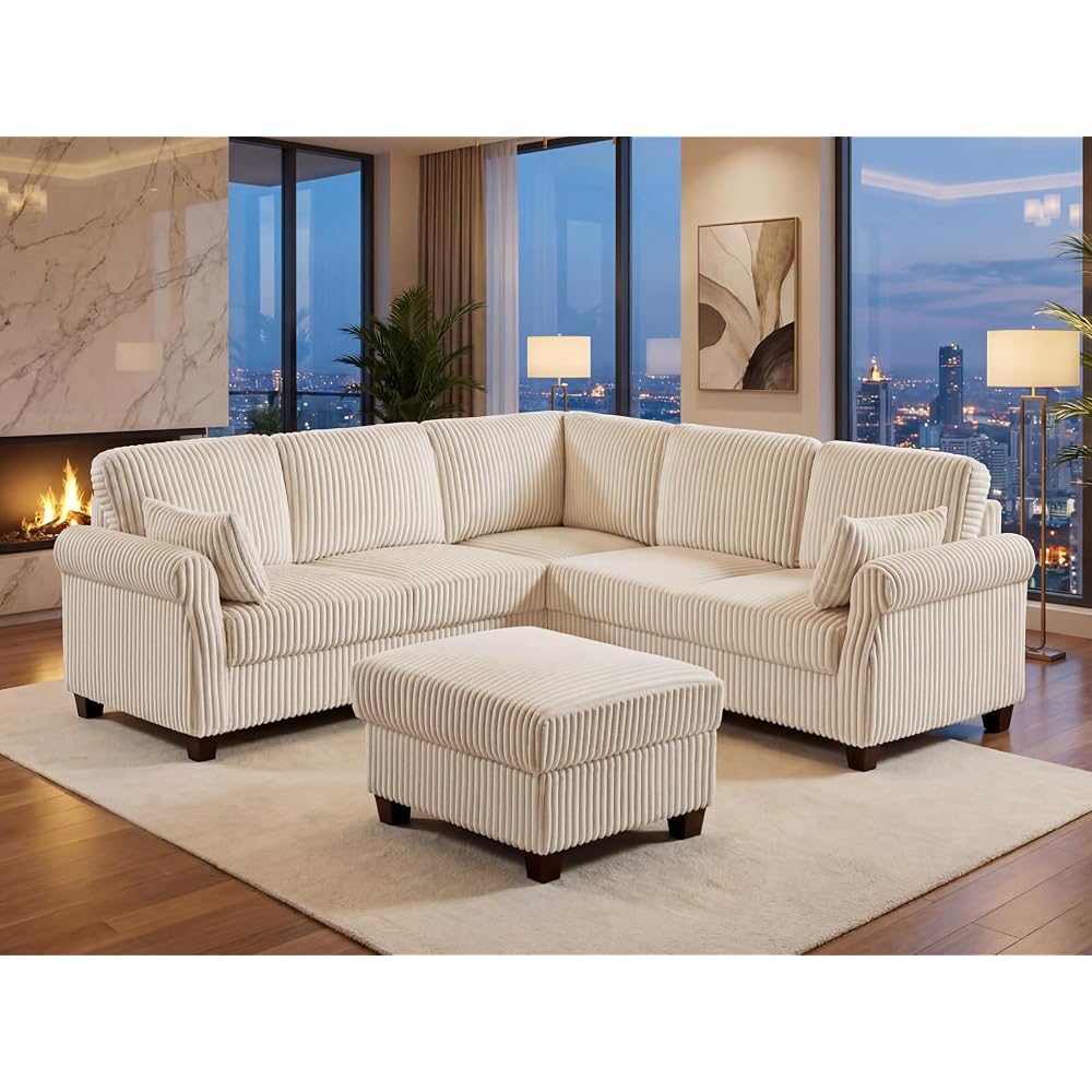 90.6" V-Shaped Sectional Sofa with Storage Ottoman, Corduroy Beige