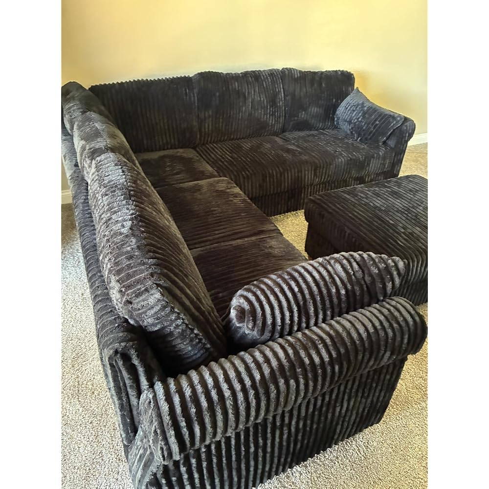 90.6" V-Shaped Sectional Sofa with Storage Ottoman, Corduroy Beige