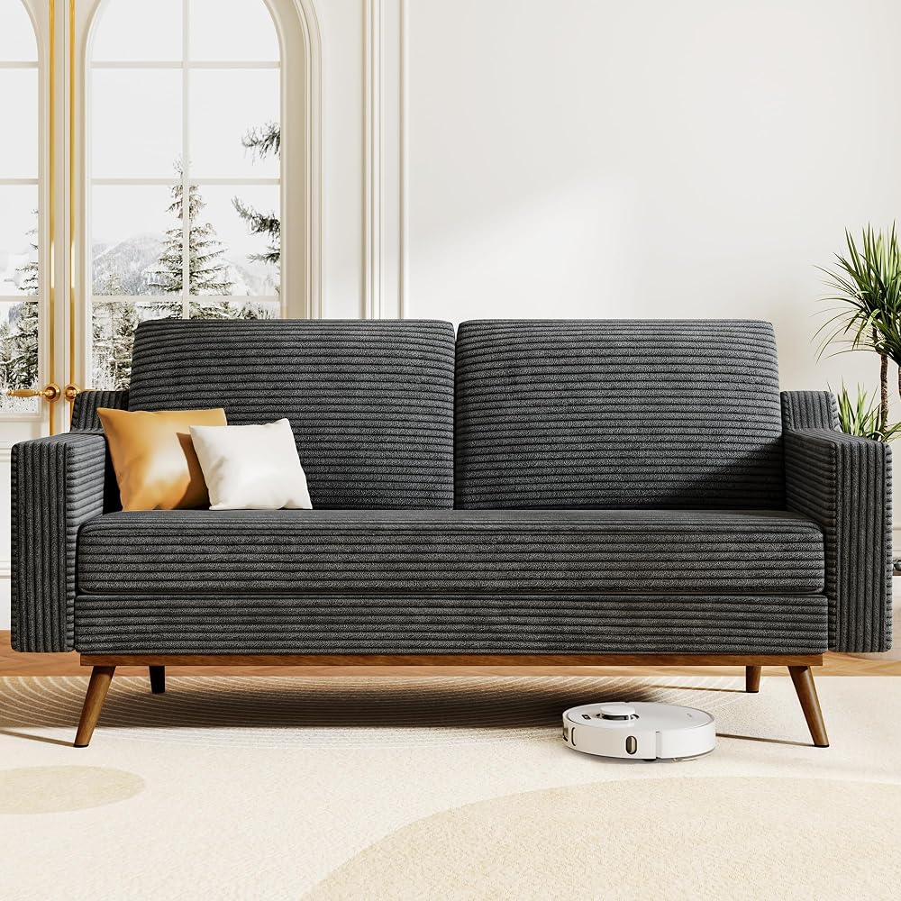 65.4" Loveseat Sofa,Comfy Grey Corduroy Love Seat Couches for Living Room,Mid Century Modern Small Couch for Bedroom Office with Spring Cushion,Solid Wood Frame,Tool-Free Assembly