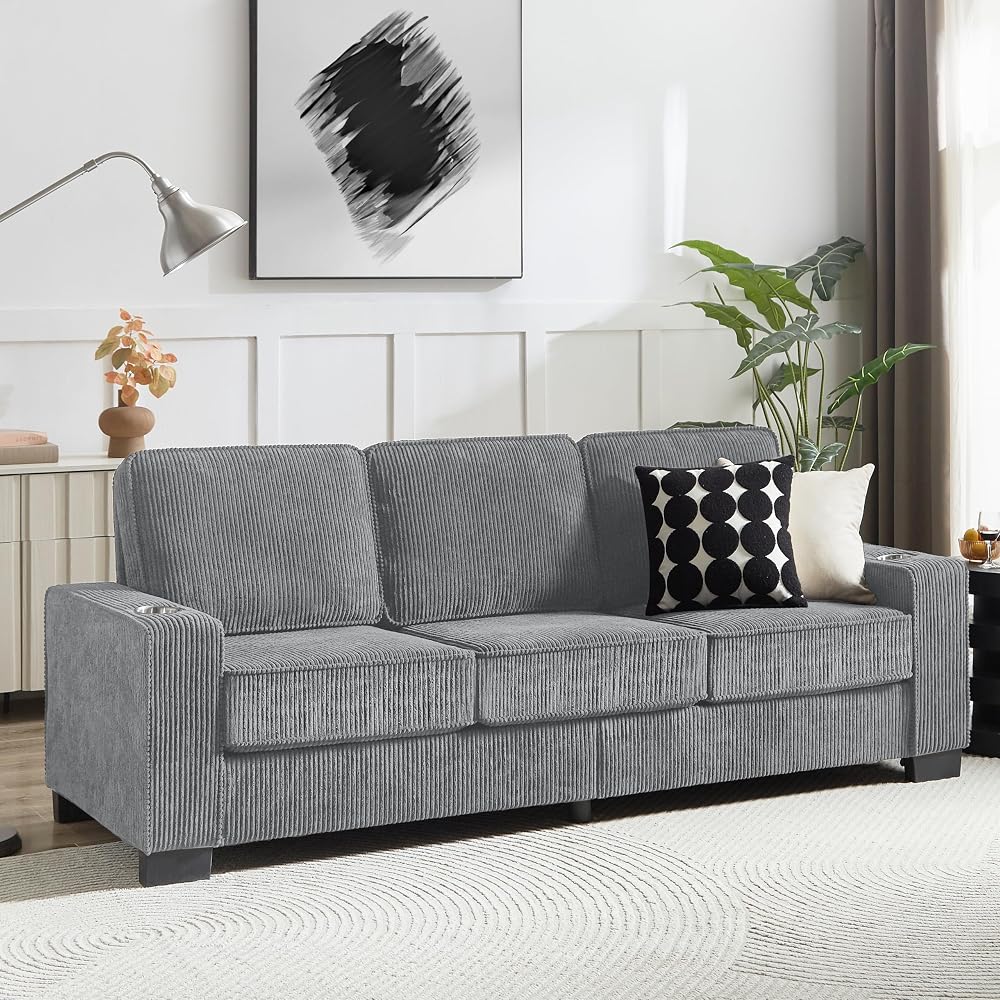84" Thick Corduroy Sofa Bed, Stylish Sofa Bed with Cup Holders, Comfort 3-Seater Sofa with Lumbar Support for Living Room, Gray